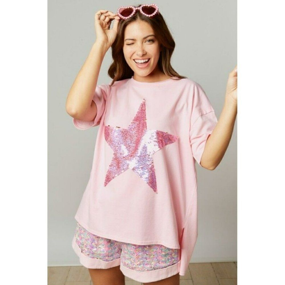 Fantastic Fawn Harper Sequin Star Patch Tee in Pink IFKT51640-04 - Picture 3 of 7